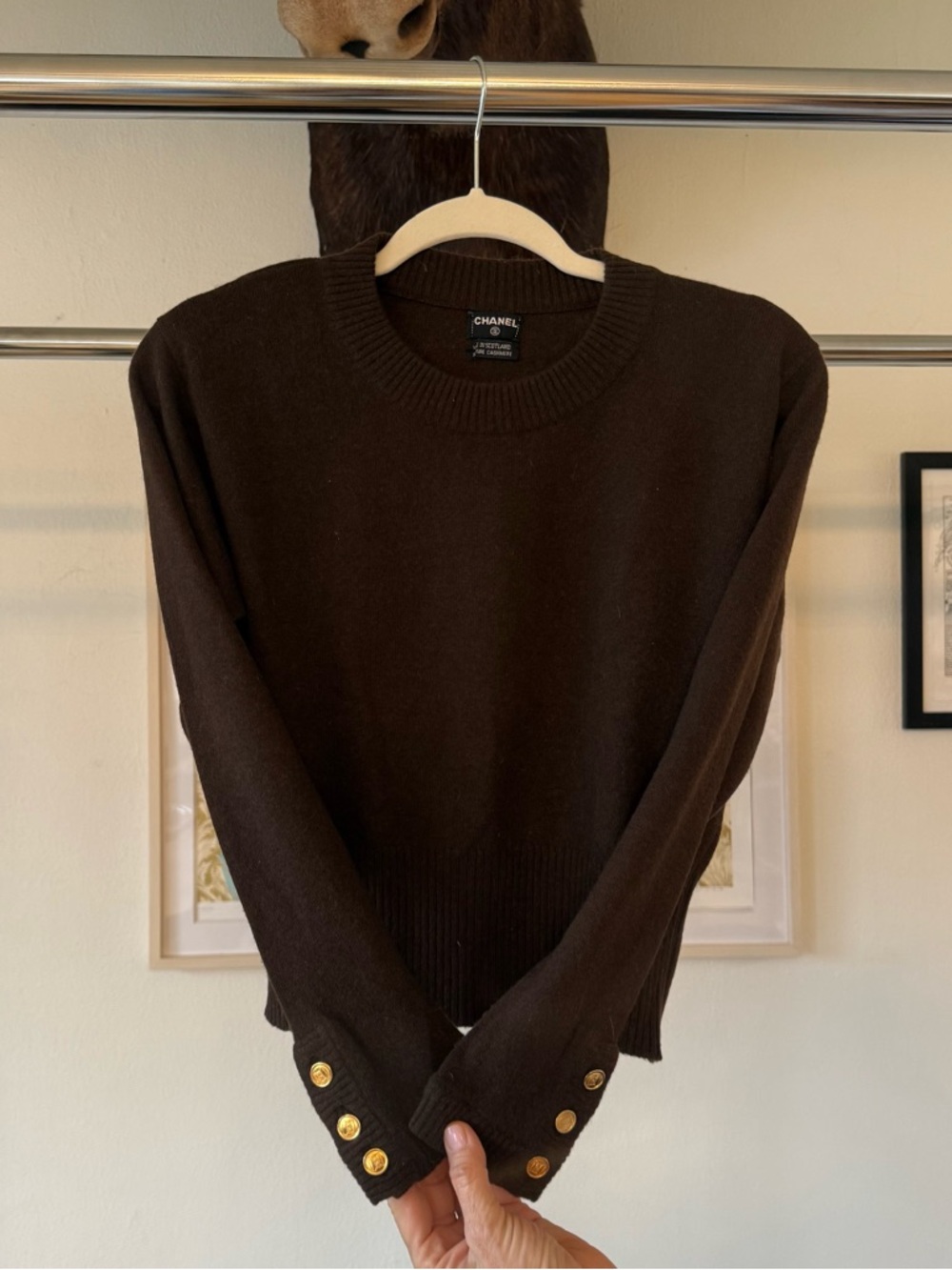Chanel Brown Crewneck Cashmere Sweater with Gold Button Details